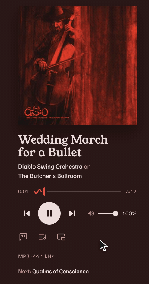 The now-playing column for Wedding March for a Bullet: dragging the volume down to 66% adds “Volume at 66%.” to the line under the song, which reads MP3 · 44.1 kHz, and it goes again at 100%.
